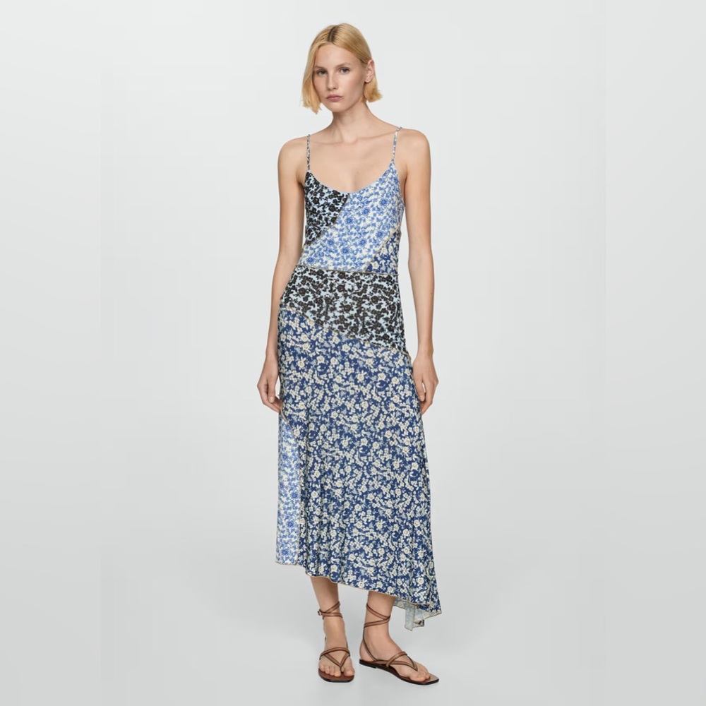 Mango Blue and Black Floral Dress A-Symmetrical